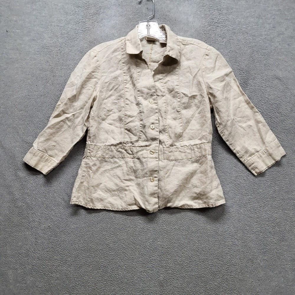 Covington Women Button Up Shirt MP (PETITE MEDIUM) Beige Linen Collared
